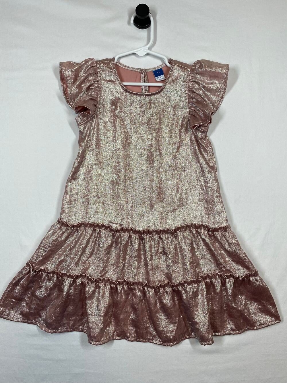 Old Navy Girl's 4T Pink Shiny Flutter Sleeve Tiered Dress Kitten Kisses Shimmer
